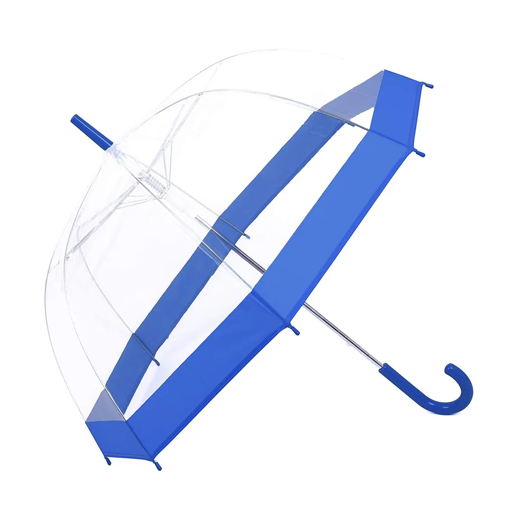 Amazon hot sell Promotional clear auto open transparent bubble straight umbrella with blue color border, detail 1