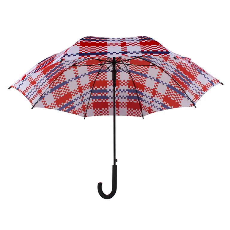 27 Inch Automatic Opening Chinese Style Red and Blue Printed Fiberglass Windproof Frame Straight Umbrella, image 1