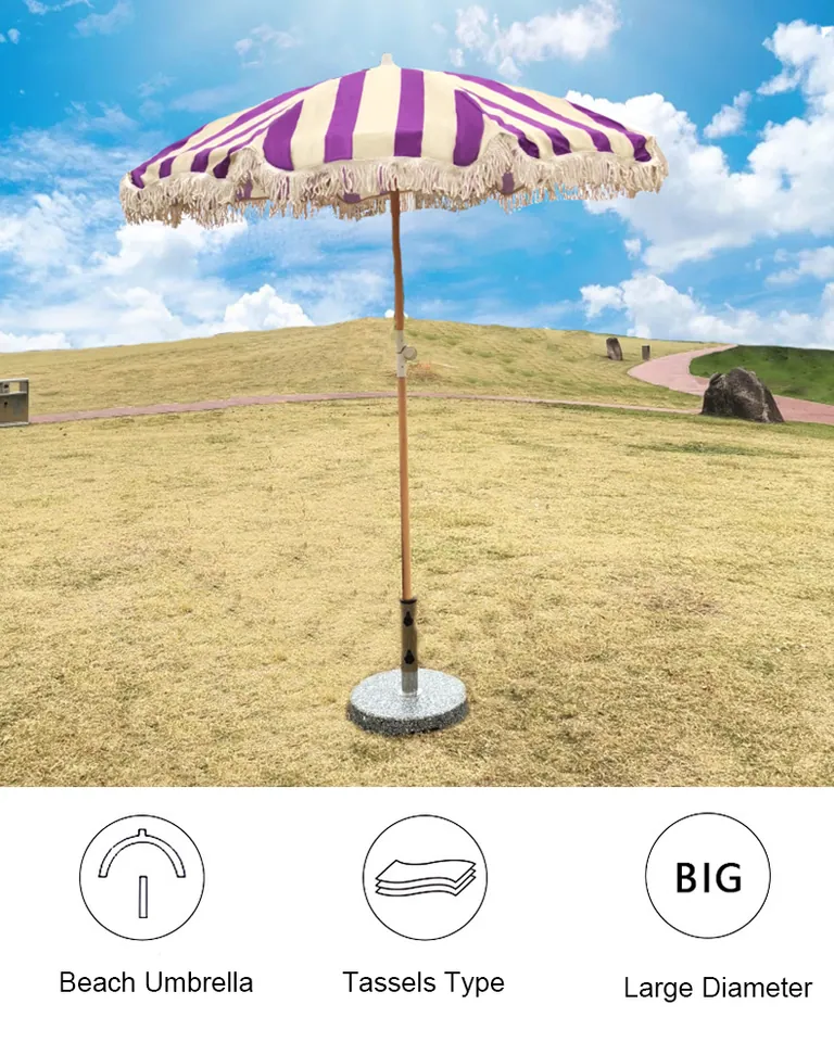Lotus 2022 Fringe Parasol Wood Pole Tassels Beach Umbrella,细节图 2