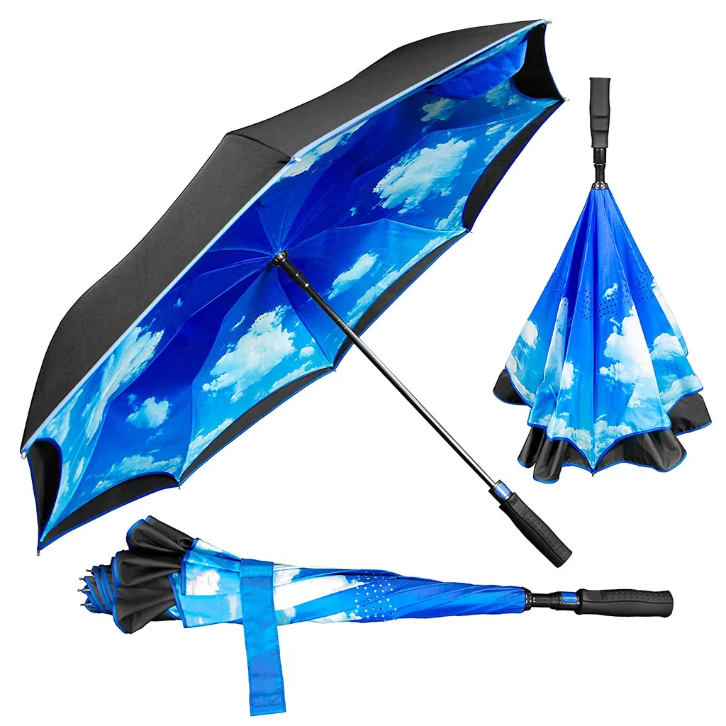 Customized logo printing inside double layers fabric reverse car umbrella with straight handle، صورة تفصيلية 3