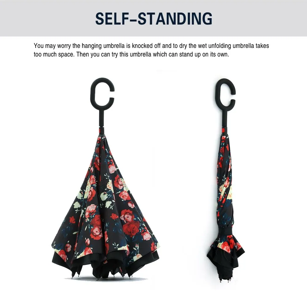 Pattern Design Custom Semi Automatic Open Double Layer Windproof Inverted Reverse Car Umbrella, detail 2