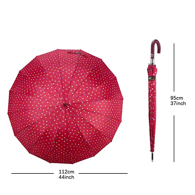 Classic Red 50 Inches Polka Dot Print 16 Ribs Automatic Open Windproof Waterproof Stick Umbrellas with J Handle, detail 2