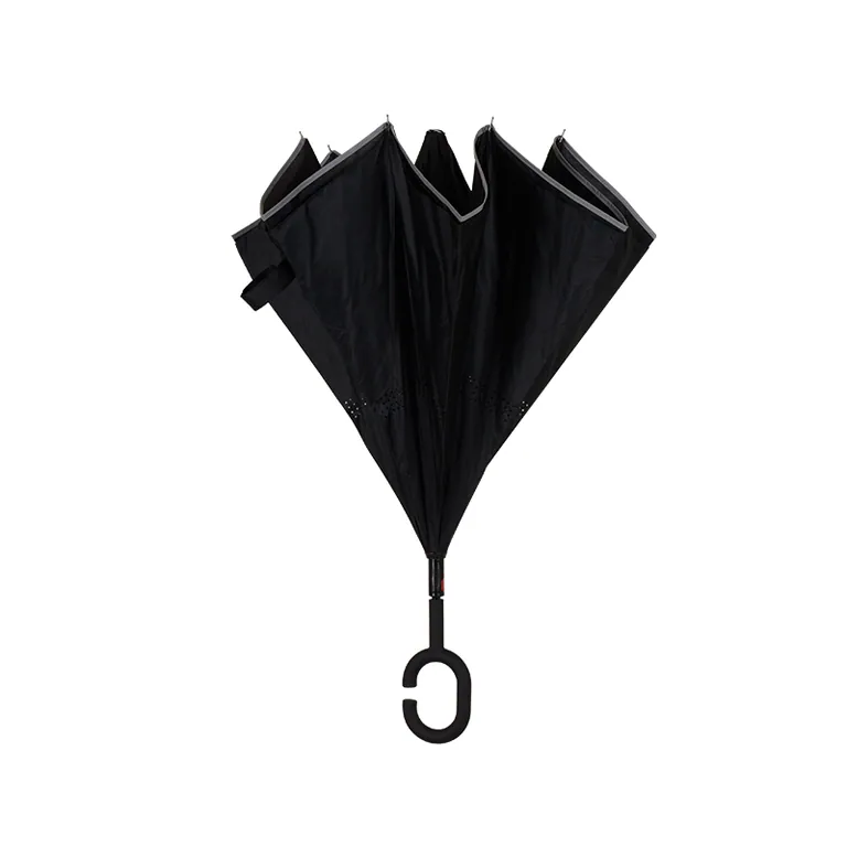High Quality Custom Windproof Double Layer Inside Out Reverse Inverted Black Umbrella with reflective border, detail 2