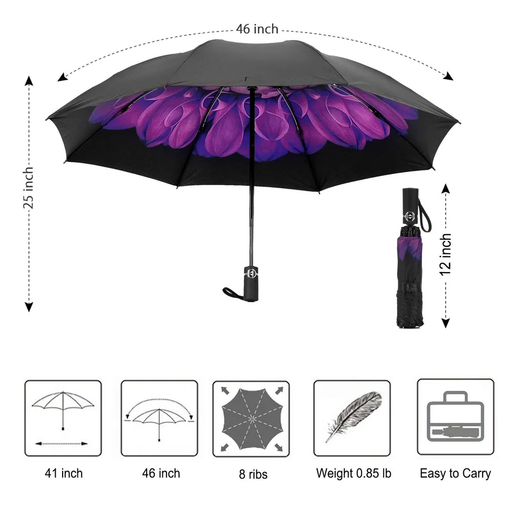 Wholesale upside down windproof Print Inside automatic 3 folding inverted reverse umbrella with Black UV Coating, detail 4