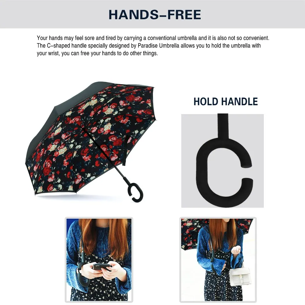 Pattern Design Custom Semi Automatic Open Double Layer Windproof Inverted Reverse Car Umbrella, detail 3