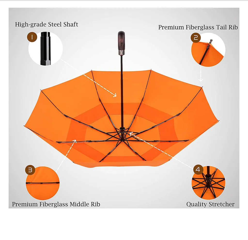 High quality Breathable umbrella Auto Open Long Wood Handle Double Layer Foldable golf umbrella, detail 4