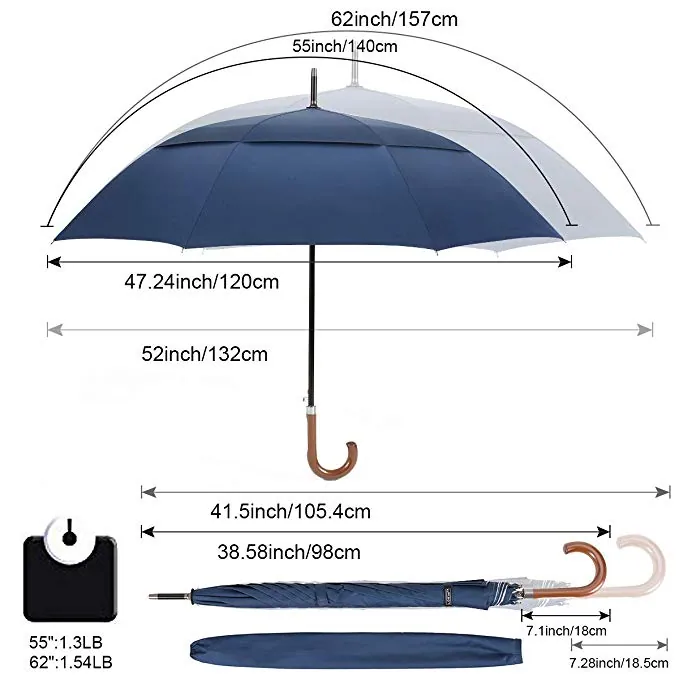 Advertising 54inch*8K auto open customised logo wooden handle double canopy straight golf umbrellas with logo prints, detail 2