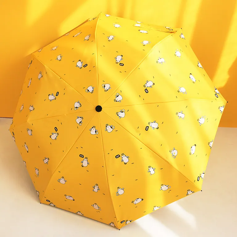 Wholesale auto 3 folding umbrella pongee rain UV Umbrella yellow OEM,第 1 张图片