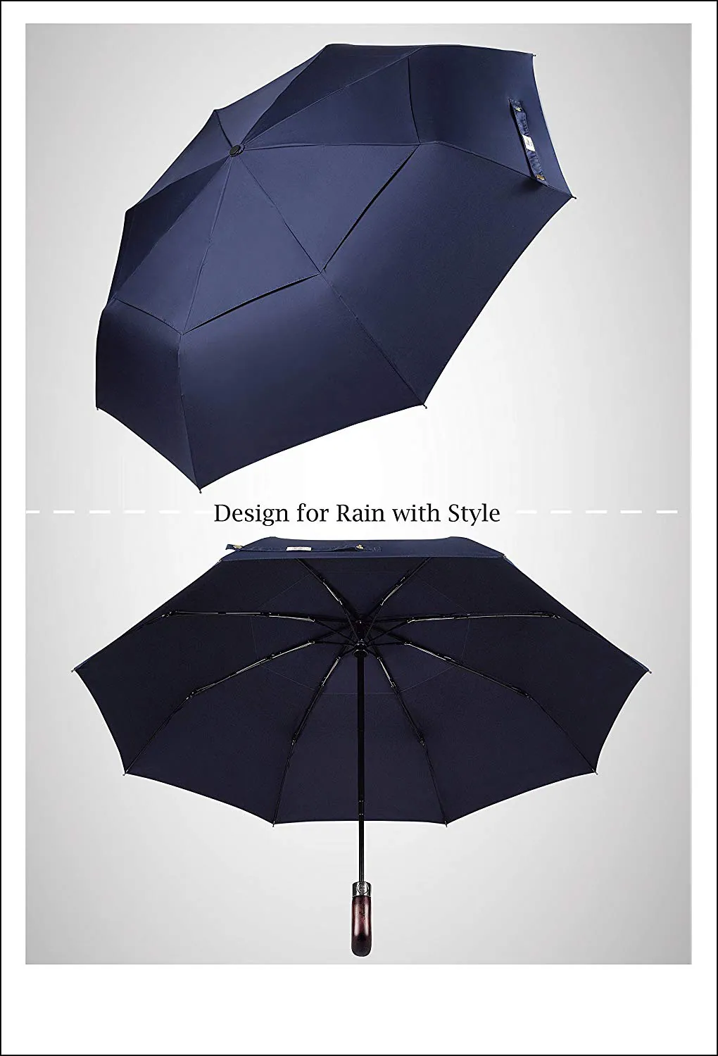 Custom fully automatic wooden handle 3 fold double canopy umbrella with logo print, detail 2