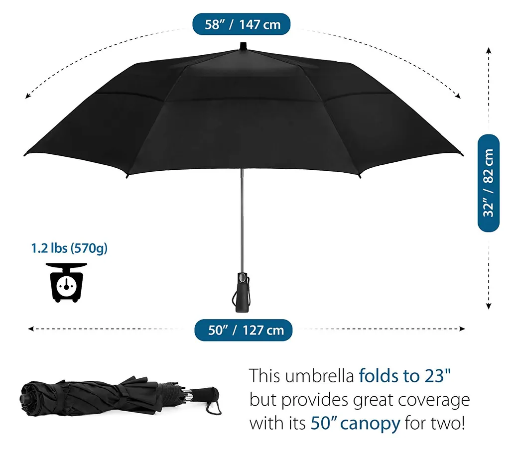 Custom Logo Prints Foldable Auto Open 58Inch Double Canopy Strong Windproof 2 Folds Golf Umbrella, detail 3
