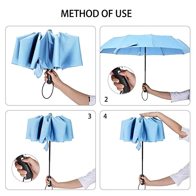 Factory wholesale hot sale bright blue windproof full auto open 3 folding rain umbrella, detail 4