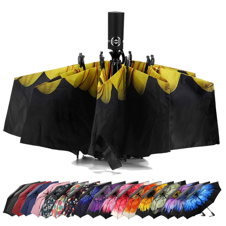 Wholesale upside down windproof Sunflower Print Inside automatic 3 folding reverse umbrella with Black UV Coating, image 1