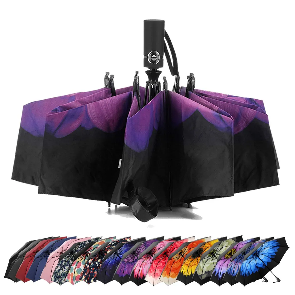 Wholesale upside down windproof Print Inside automatic 3 folding inverted reverse umbrella with Black UV Coating, detail 1