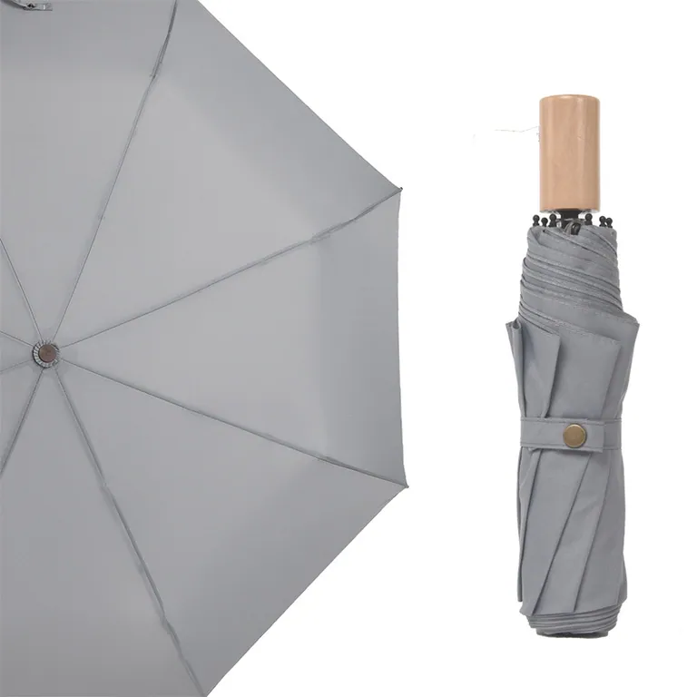 custom pongee fabric 3fold umbrella promotional rain umbrella wooden handle wholesale، الصورة 1