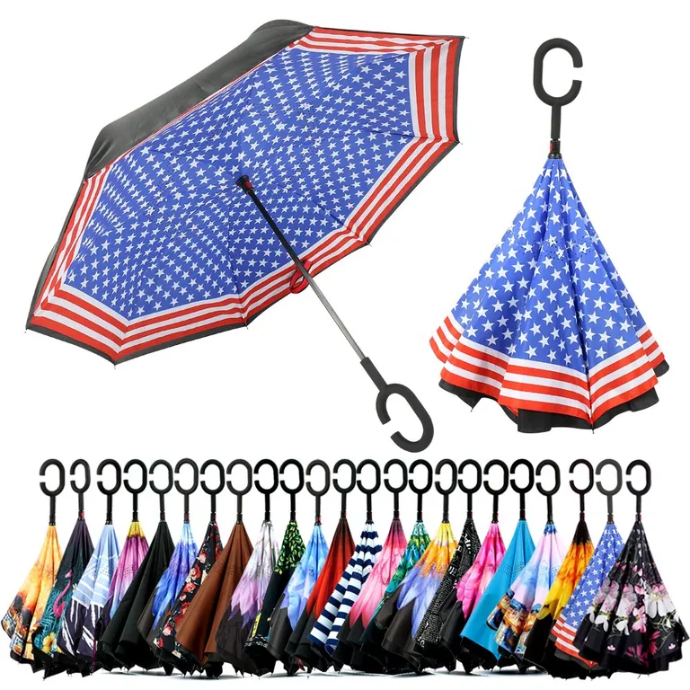 Ready stock umbrella windproof double layer Logo printed promotional custom reverse inverted umbrella, image 1