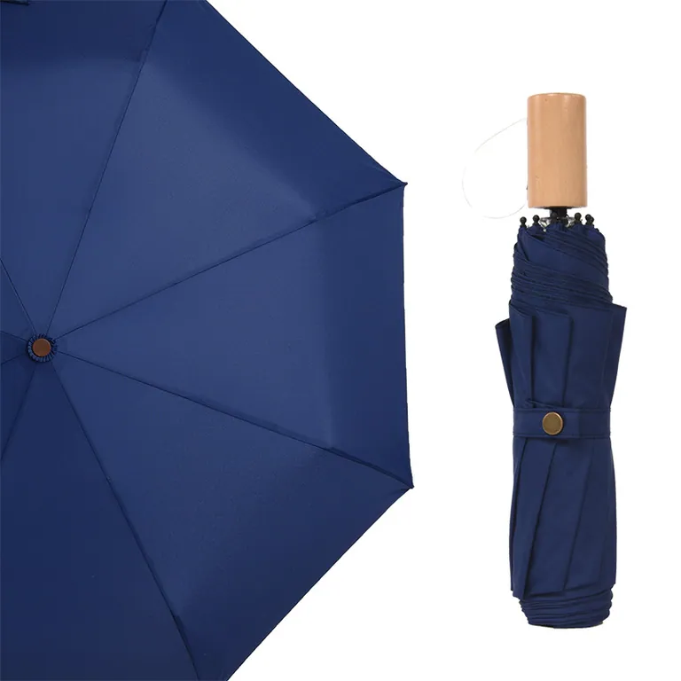 custom pongee fabric 3fold umbrella promotional rain umbrella wooden handle high quality，第 1 张图片
