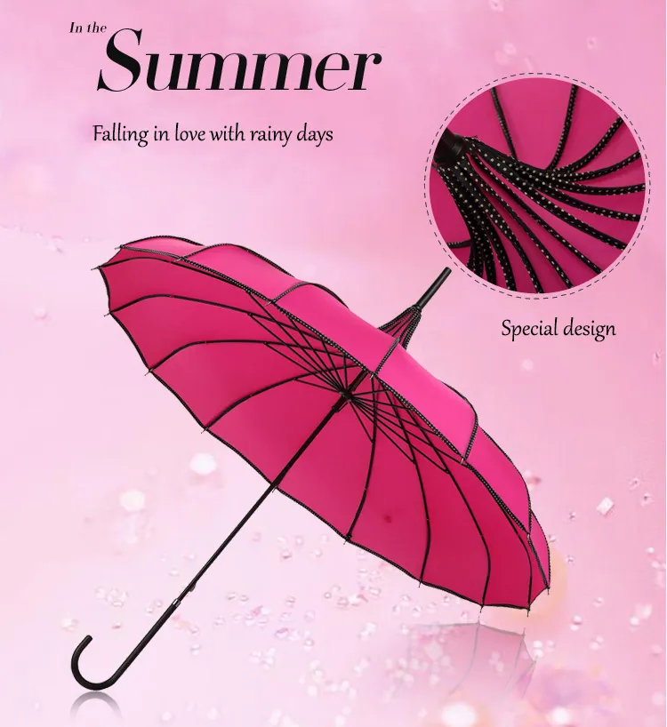 2022 New Design Luxury Pagoda 16 ribs Straight Princess Umbrella for Wedding, detail 1