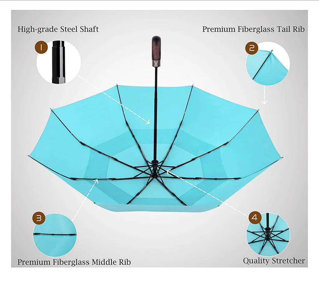 Premium Auto Open and Close Vented Windproof Double Canopy Travel Umbrella wth Real Wood Handle, detail 4