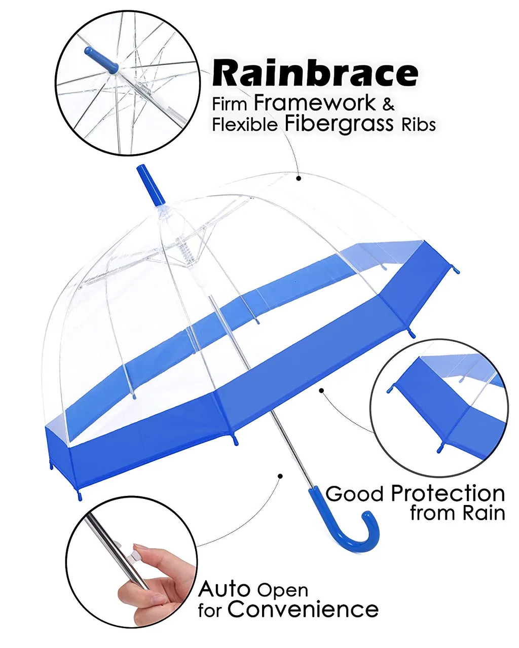 Amazon hot sell Promotional clear auto open transparent bubble straight umbrella with blue color border, detail 2