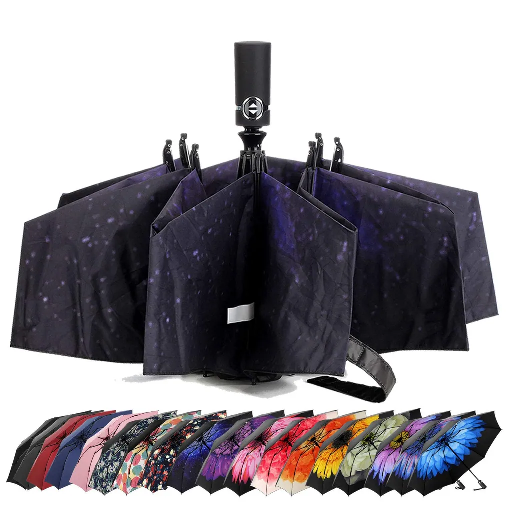 Wholesale upside down windproof automatic 3 folding inverted reverse umbrella, detail 1
