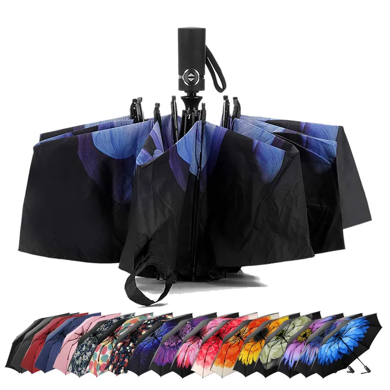 Promotional Custom Print Inside Reverse 3 Folding Portable Auto Open and Close Umbrella, image 1