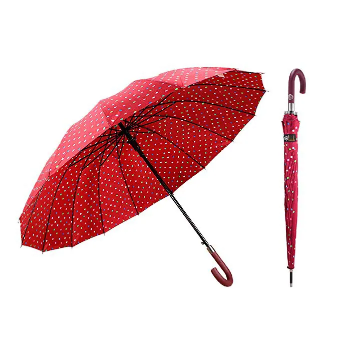 Classic Red 50 Inches Polka Dot Print 16 Ribs Automatic Open Windproof Waterproof Stick Umbrellas with J Handle, detail 1