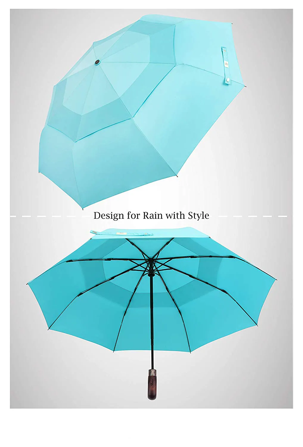 Premium Auto Open and Close Vented Windproof Double Canopy Travel Umbrella wth Real Wood Handle, detail 2