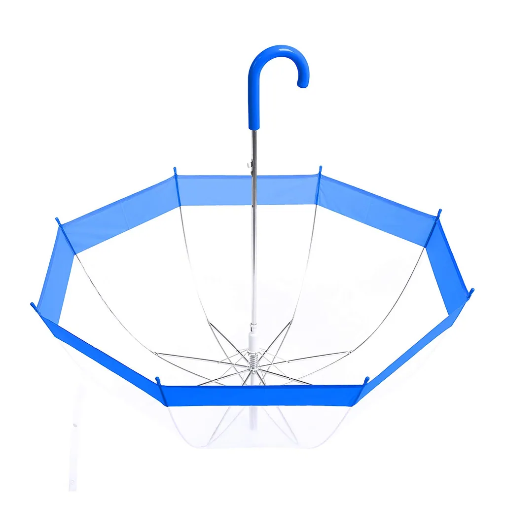 Amazon hot sell Promotional clear auto open transparent bubble straight umbrella with blue color border, detail 4