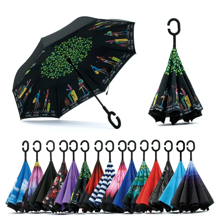 Ready stock wholesale umbrella windproof double layer Logo printed promotional custom reverse inverted umbrellaW, image 1