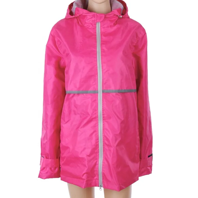 Wholesale high quality waterproof Watermelon red color worker Manufacturer's Ladies Full Zip Hooded Rain Coat, image 1