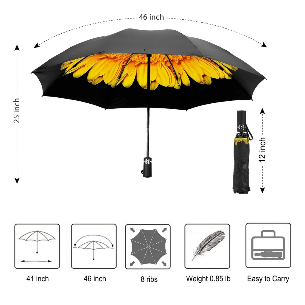 Wholesale upside down windproof Sunflower Print Inside automatic 3 folding reverse umbrella with Black UV Coating, detail 4