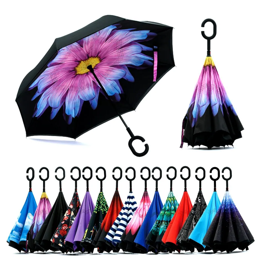 Factory Umbrella In Stock 23''*8K Manual Open Double Layer Inverted Umbrella With C Handle, detail 1
