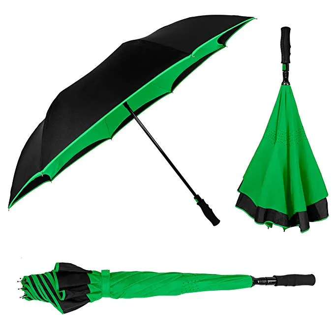 Customized color double canopy inverted umbrella reverse car umbrella with long easy gripped handle، صورة تفصيلية 2