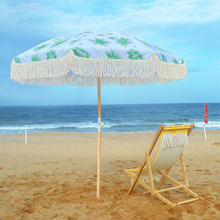 2022 New Arrival Customized Design Beach Wooden Umbrella with Tassel Beach Umbrella with Mat Sets، صورة تفصيلية 6