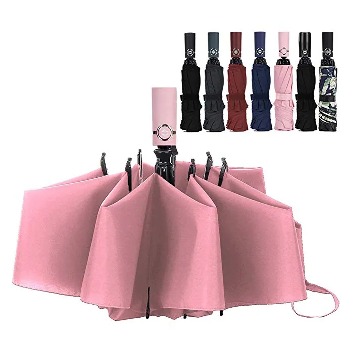 Great quality fully automatic windproof vented travel compact 3 fold reverse folding umbrella, image 1
