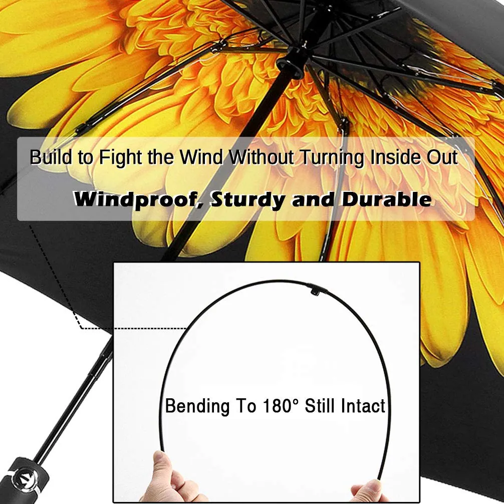 Wholesale upside down windproof Sunflower Print Inside automatic 3 folding reverse umbrella with Black UV Coating, detail 3