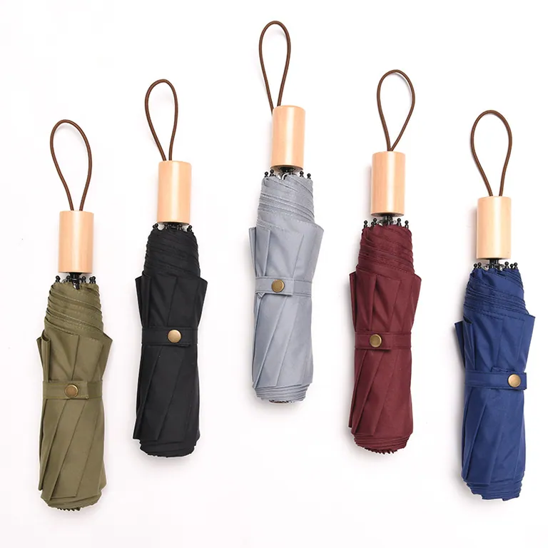 custom pongee fabric 3fold umbrella promotional rain umbrella wooden handle wholesale، صورة تفصيلية 4