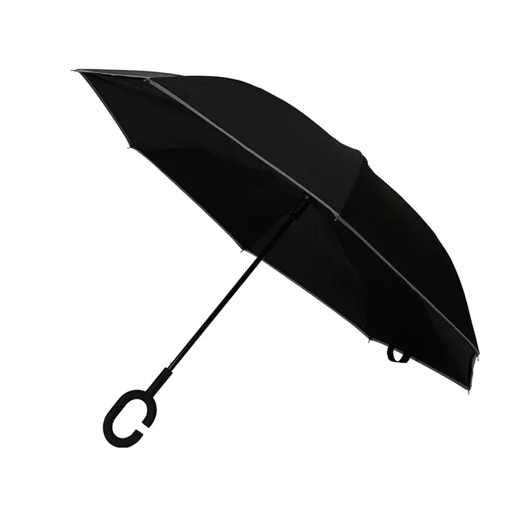 High Quality Custom Windproof Double Layer Inside Out Reverse Inverted Black Umbrella with reflective border, image 1