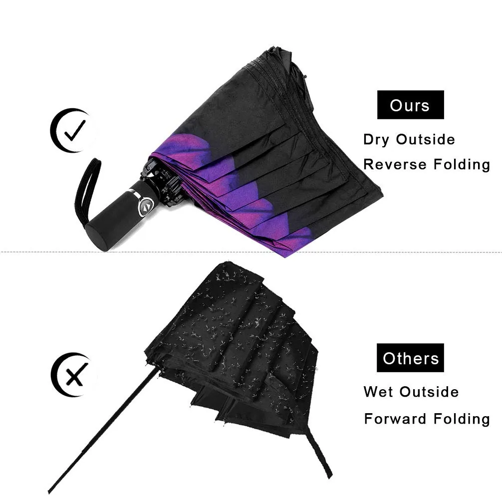 Wholesale upside down windproof Print Inside automatic 3 folding inverted reverse umbrella with Black UV Coating, detail 2