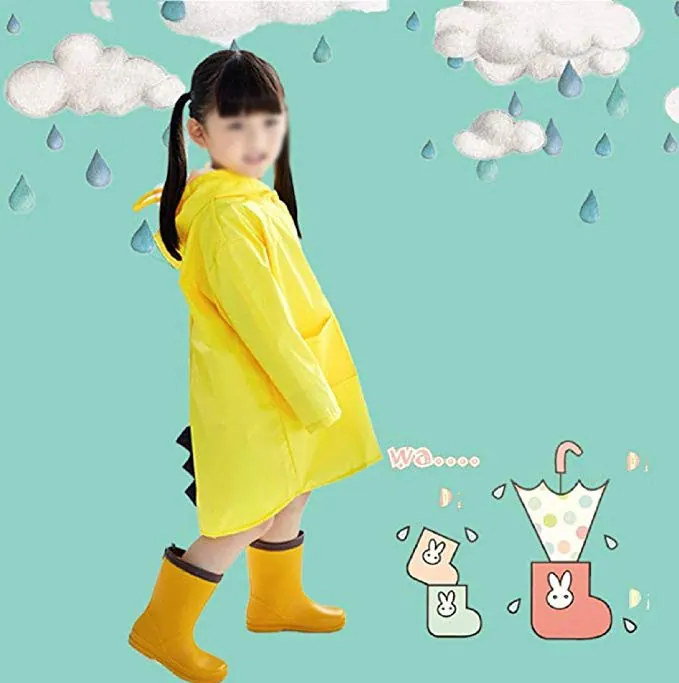 Custom dinosaur design waterproof EVA yellow rain poncho coat for kids, detail 11