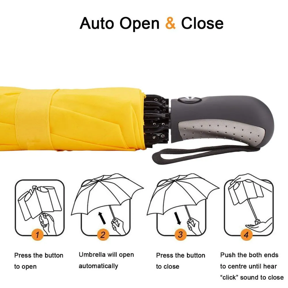 New invention yellow windproof 23‘’8k auto open close inverted 3 folding umbrella, detail 7
