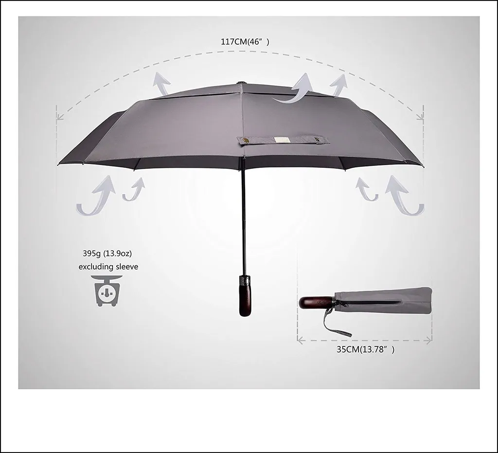 High Quality Auto Open Close Fiberglass Ribs Wooden Handle Double Vented Folding umbrella, detail 3