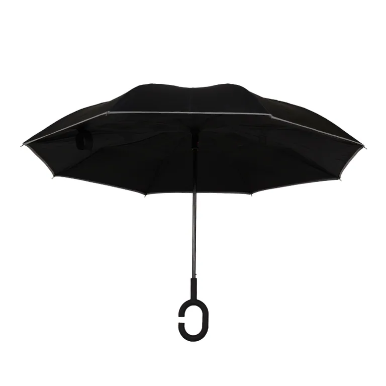 High Quality Custom Windproof Double Layer Inside Out Reverse Inverted Black Umbrella with reflective border, detail 1