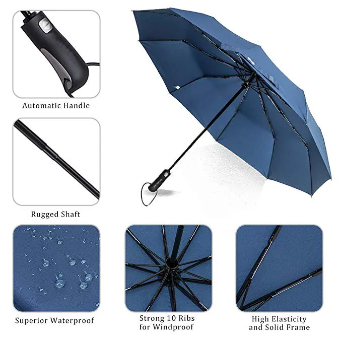2019 Promotional Navy Blue Umbrella Auto Open Close Windproof Folding Umbrella Travel Umbrella, detail 2
