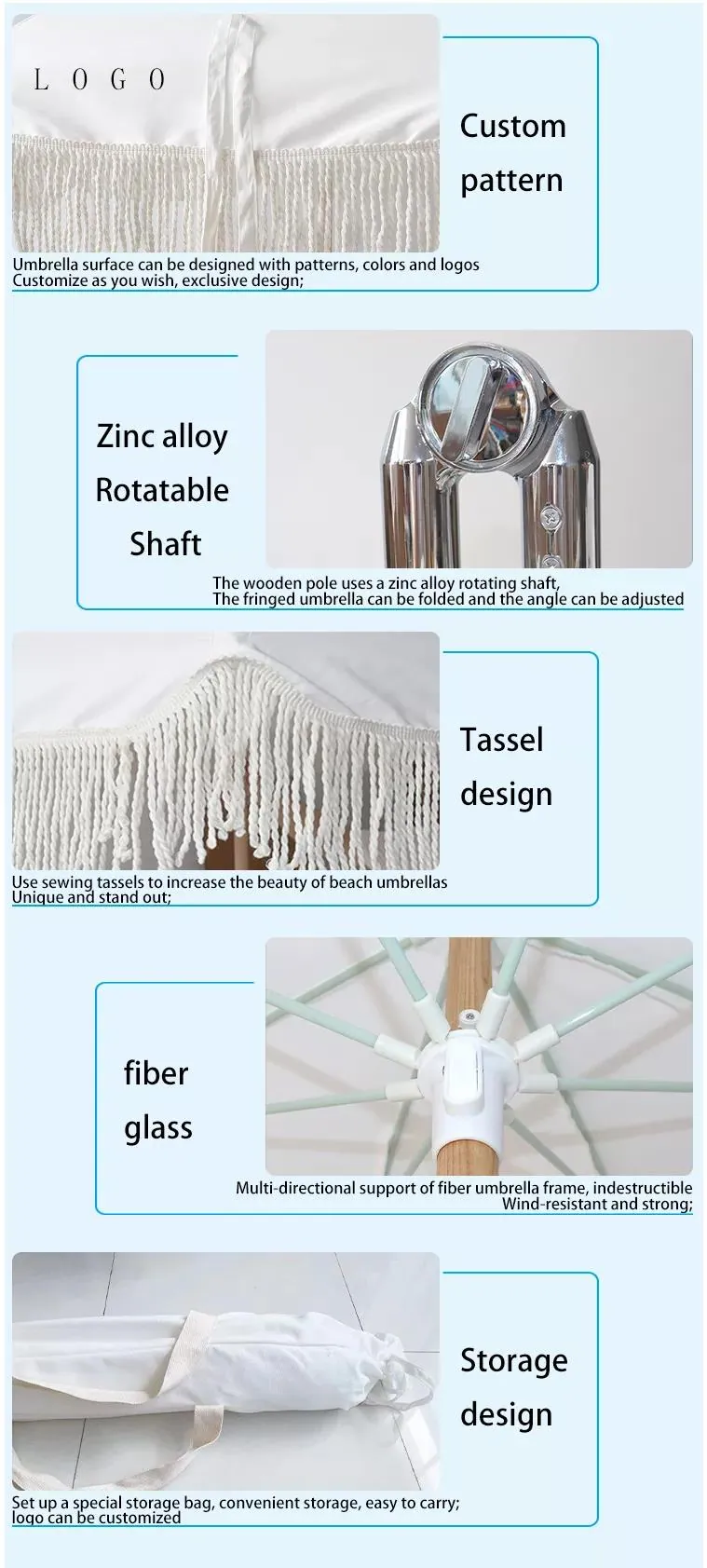 Wooden Pole 190T Pongee Fabric Beach Umbrella, detalle 2