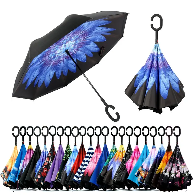 Promotional Cheap Umbrella Advertisement Reverse Inverted Umbrella with Double Layers Fabric, image 1