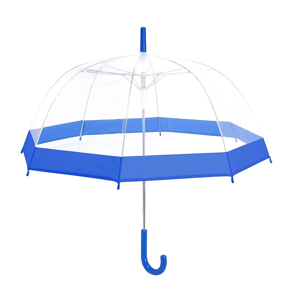 Amazon hot sell Promotional clear auto open transparent bubble straight umbrella with blue color border, detail 3