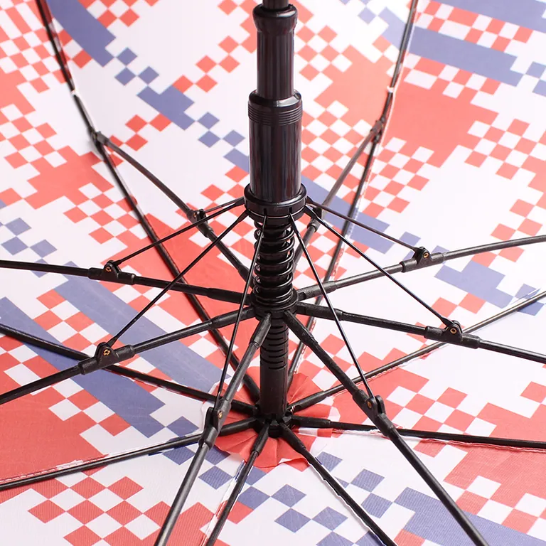 27 Inch Automatic Opening Chinese Style Red and Blue Printed Fiberglass Windproof Frame Straight Umbrella, detail 3