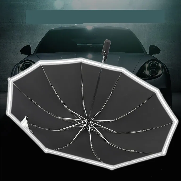 Lotus 2022 Titanium Silver Coating 3 Fold Inverted Reverse Automatic Umbrella With Reflective Stripe,细节图 3
