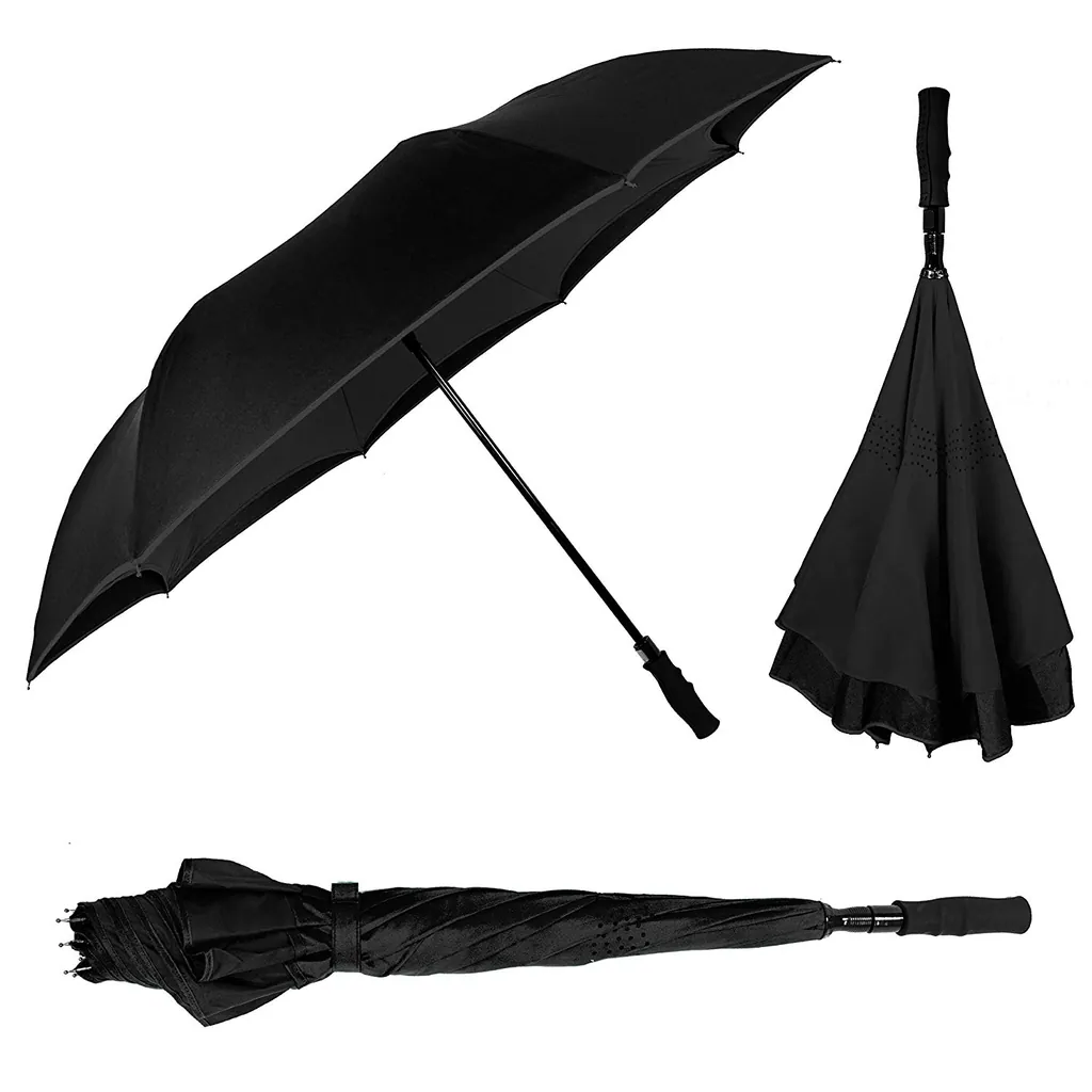 Hot sales reverse umbrella upside down windproof double layers fabric inverted umbrella with long handle، صورة تفصيلية 3